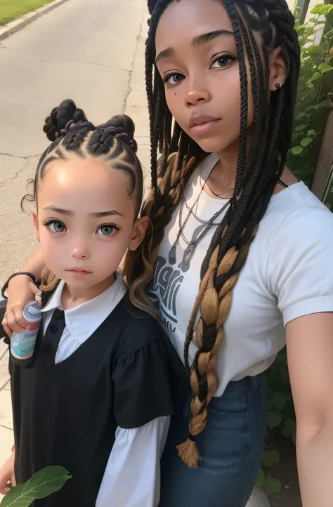 Two girls are standing nearby, with black braids, Hairstyle with braids, old picture, with a kid, removed for 2 0 2 0, profile picture 1024px, high quality image, The picture is very, very low quality, two Hairstyle with braids, Filmed in 2022, Girl with b...