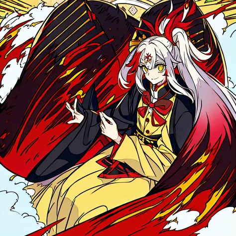 Kimetsu no yaiba style, hunter, long white hair, heterochromatic red and yellow eyes, gold details