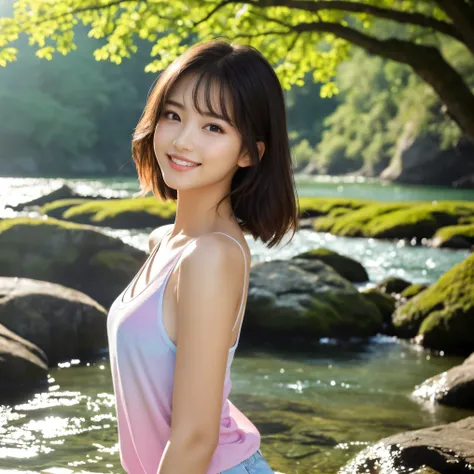 (highest quality、table top、8K、best image quality、Award-winning work)、1 young girl、(perfect tank top shirt:1.1)、shorts、(standing elegantly:1.1)、(Soft feminine hairstyle:1.1)、accurate anatomy、emphasize body line、(Beautiful river in a mysterious forest:1.1)、g...