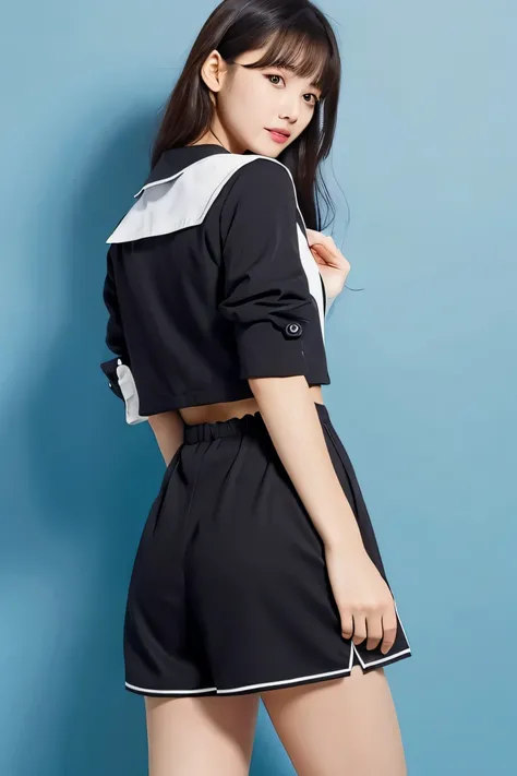 ((highest quality)), ((masterpiece)), (be familiar with), black long hair　back view　sailor suit　from the waist up