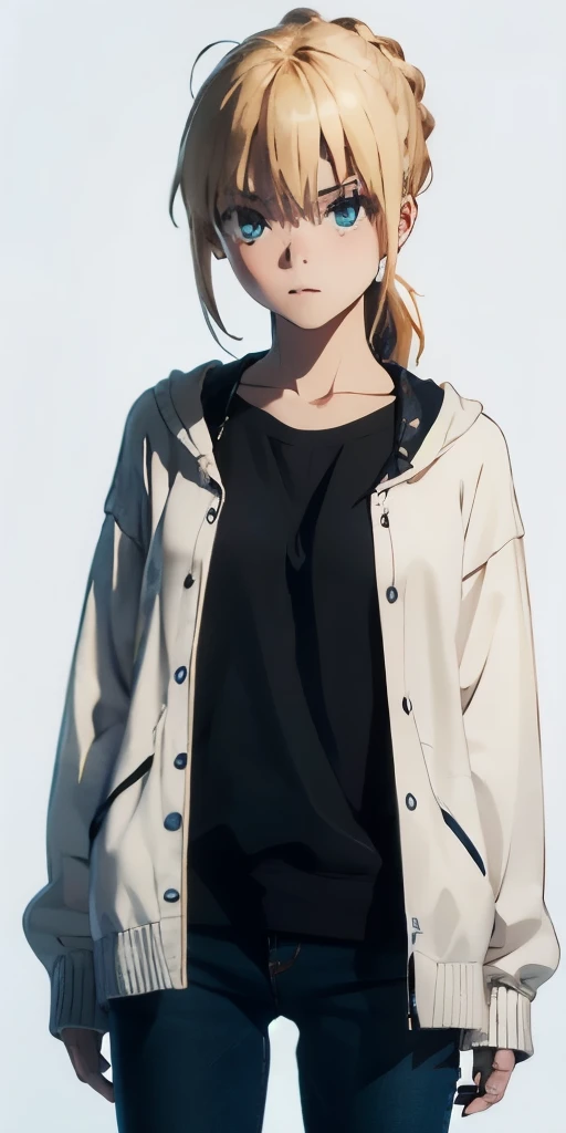 best quality, masterpiece, 1girl, phSaber, casual clothes, blush, bloom, simple blue background,