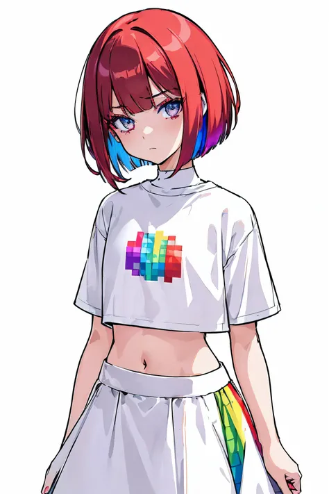 (adult girl named pixel), (brightly colored), (electronic), (rainbow eyes), (dark red hair), (bob haircut), (white clothes with rainbow accents), skirt, (crop top), (neutral expression), (closed mouth), ((simple diagram of an rgb pixel) on shirt), ((posix ...