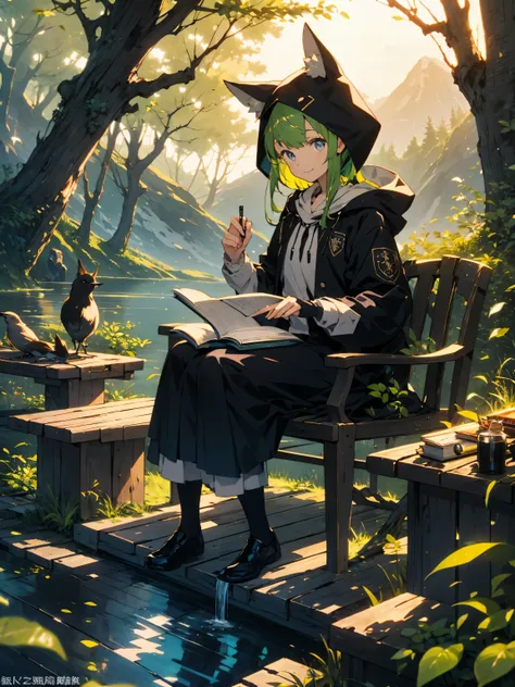 masterpiece, highest quality,(Shining eyes、detailed beautiful face)､(1 girl), sitting, animal, animal ears, bird, black_hair, Book, Bookmark, branch, gloves, Grass, green hair, holding, holding Book, hood, hood down, leaf, looking at the viewer, multicolor...