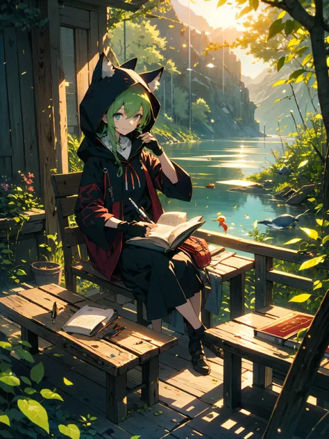 masterpiece, highest quality,(Shining eyes、detailed beautiful face)､(1 girl), sitting, animal, animal ears, bird, black_hair, Book, Bookmark, branch, gloves, Grass, green hair, holding, holding Book, hood, hood down, leaf, looking at the viewer, multicolor...