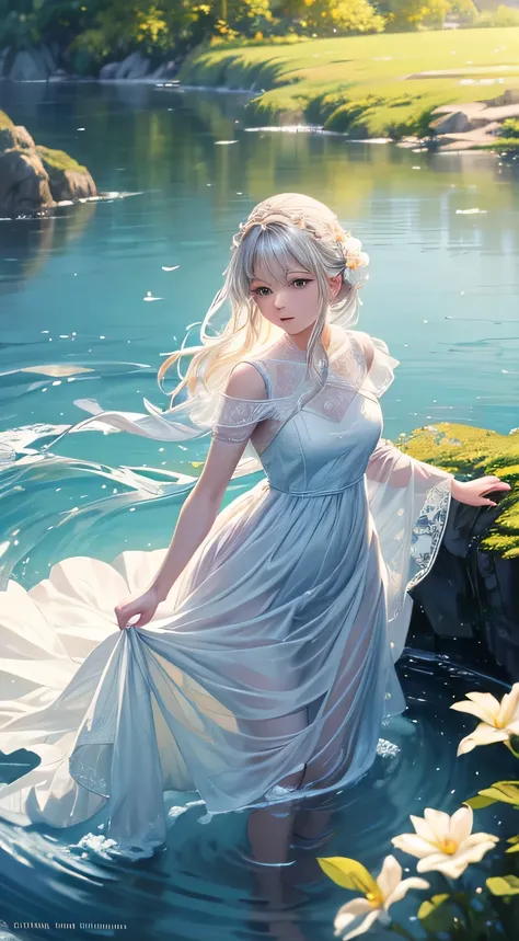 Image: A serene landscape with a woman in a white dress walking gracefully through the water.

The painting captures a moment of tranquility as the woman in the white dress walks gracefully through the water, her dress flowing down her body like silk. The ...