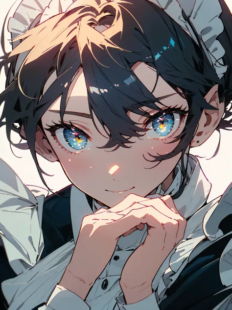 (highest quality、masterpiece、High resolution、detailed)､(Shining eyes、detailed beautiful face)、((beautiful maid:1.5),High resolution, highest quality),wearing a maid outfit,soft hands, big and bright eyes, dark and bright curly hair, cute smile, rosy cheeks...