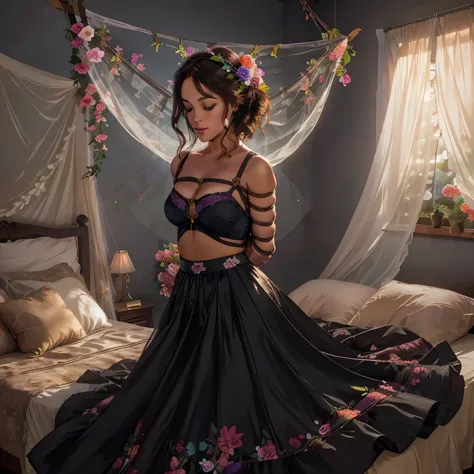 1girl,(bright lighting,romantic setting),dreamy background,,dark hair, mesmerizing gaze, , soft skin, alluring beauty, artistic portrait, high-quality image, vibrant colors,long floral sheer skirt, mosquito net, romantic bedroom, sidesuspension,solobound