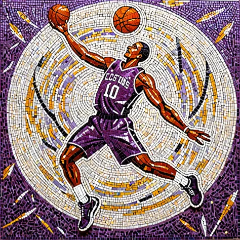 mosaic art one basketball player in violet uniform catching one flying basketball ball