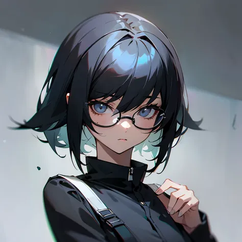 Create a female character with black glasses with gray at the bottom and short black hair at the back