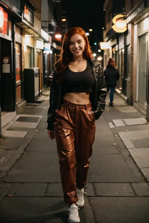 A full body photo of a busty red haired girl, smiling, wearing urban clothing, walking through a lonely street at night, hyper realistic photo, picture taken with canon eos 3 and kodak gold 400