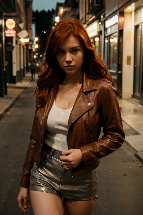 A photo of a busty red haired girl, wearing brown leather jacket, walking through a lonely street at night, hyper realistic photo, picture taken with canon eos 3 and kodak gold 400