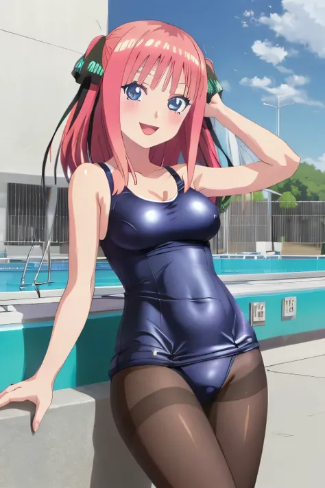 best quality, ultra-detailed masterpiece, anime art style, cute characters, nino nakano, smile, close mouth, one-piece swimsuit, breasts, pantyhose