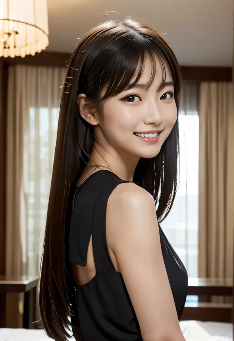 (((Hotel:1.3, indoor, Photographed from the front))), ((long hair:1.3,black dress,Smile,japanese woman,cute)), (clean, natural makeup), (highest quality, masterpiece:1.3, 超High resolution), (Super detailed, caustics), (realistic:1.4, RAW shooting), very de...