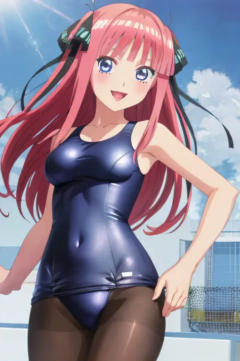 best quality, ultra-detailed masterpiece, anime art style, cute characters, nino nakano, smile, close mouth, one-piece swimsuit, breasts, pantyhose