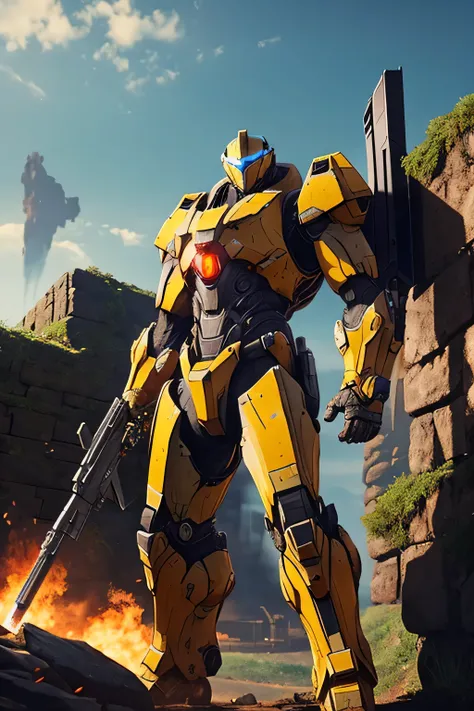 Anthem huge mech, gun on shoulder, stands behind a stone wall in cover during a firefight