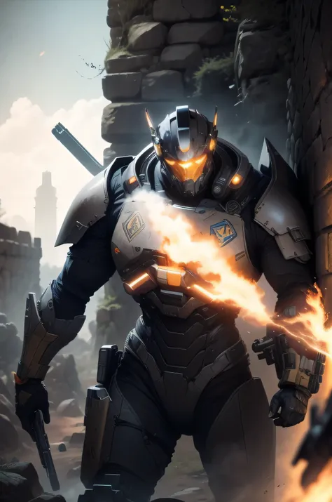 Anthem huge mech, gun on shoulder, stands behind a stone wall in cover during a firefight