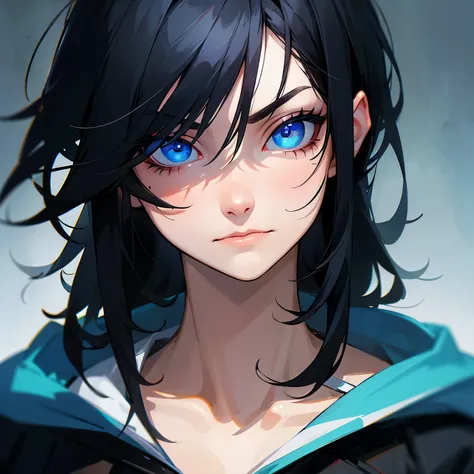 Black hair, marked jaw and blue eyes 