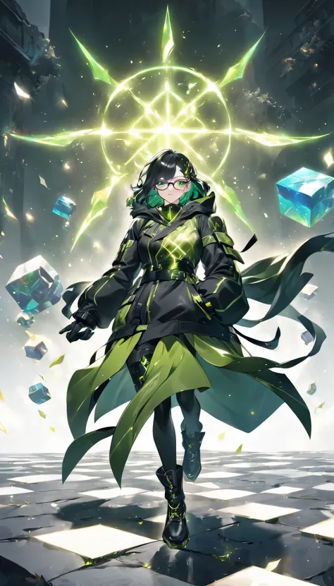 an anime style drawing of a girl in a black and green outfit, 1girl, cube, solo, black hair, hood, gloves, hand in pocket, black...