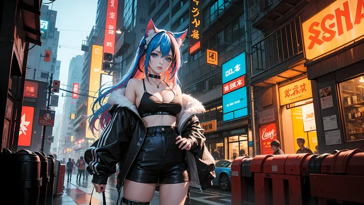 4k,CG Digital rendering,wallpaper,illustration,absurdres,Ultra HD,incredibly absurdres,masterpiece,amazing,finely detail,original,beautiful-detailed eyes,tyndall effect,cyberpunk city,night,

(1girl:1.5),(solo),((streetwear)),toon,medium breasts,nsfw,short...