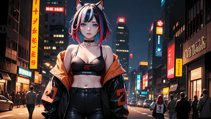 original,beautiful-detailed eyes,tyndall effect,cyberpunk city,night,
(1girl:1.5),(solo),((streetwear)),toon,medium breasts,(standing),earrings,cat_ears,ribbon choker,(cleavage),((colorful streaked hair)),((( gradient hair))),
4k,CG Digital rendering,wallp...