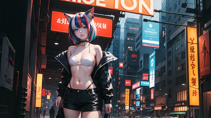 original, beautiful-detailed eyes, cyberpunk city, night, neon light, toon
(1girl:1.5), (solo), white bikini top, tight black leather shorts, small breasts, (standing), cowboy shot,
earrings, cat_ears, ribbon choker, ((colorful streaked hair)), ((( gradien...