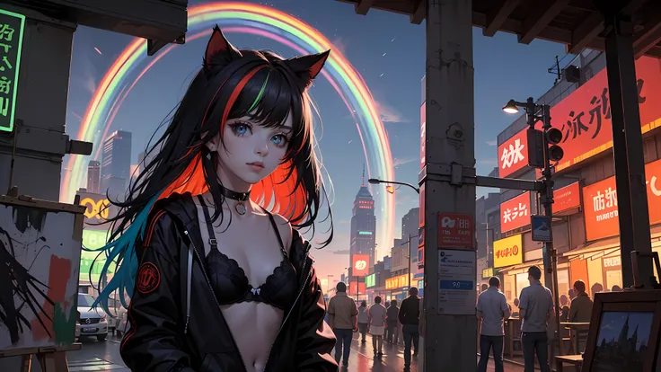 original, beautiful-detailed eyes, cyberpunk city, night, neon light, toon
(1girl:1.5), (solo), black bra, tight black panties, small breasts, (standing), cowboy shot,
earrings, cat_ears, ribbon choker, ((colorful streaked hair)), (((multicolored rainbow h...