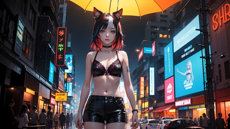 original, beautiful-detailed eyes, cyberpunk city, night, neon light, rain, wet hair,
(1girl:1.5), (solo), black bra, black leather shorts, small breasts, (standing), cowboy shot,
earrings, cat_ears, ribbon choker, ((colorful streaked hair)), (((multicolor...