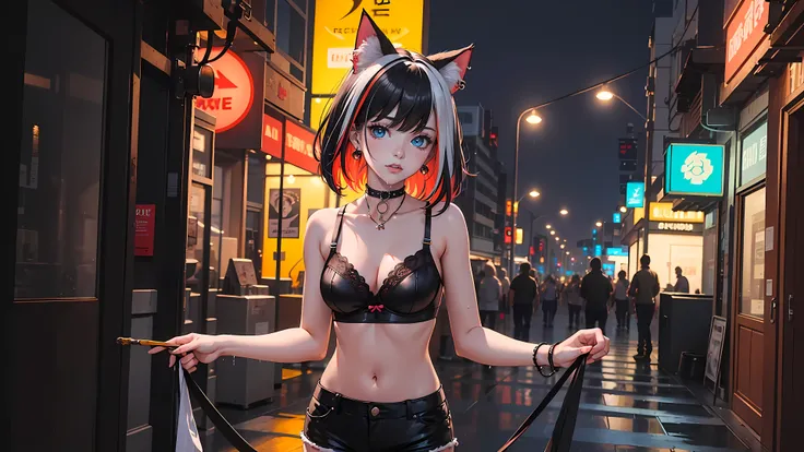 (1girl:1.5), (solo), black bra, black leather shorts, small breasts, (standing), cowboy shot,
earrings, cat_ears, ribbon choker, ((colorful streaked hair)), (((multicolored hair))), beautiful-detailed eyes,
cyberpunk city, night, neon light, rain, wet hair...