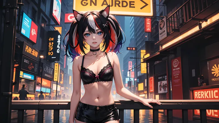 (1girl:1.5), (solo), black bra, black leather shorts, small breasts, (standing), cowboy shot,
earrings, cat_ears, ribbon choker, ((colorful streaked hair)), (((multicolored hair))), beautiful-detailed eyes,
cyberpunk city, night, neon light, rain, wet hair...