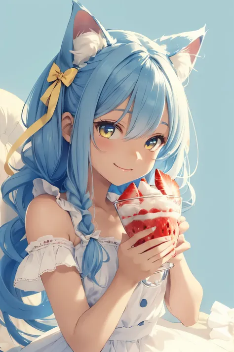 ((best quality)), ((masterpiece)), (detailed), perfect face, cat , long light blue hair, yellow eyes, big unique hairstyle with bows, inside of strawberry parfait cup, smiling, full body , wearing cute shoes, fluffy cat tail, cute cat ears, round big anime...