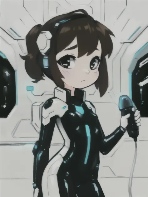 (young girl:1.2), (brown hair), (small breasts), (black and white plugsuit:1.2), (futuristic spaceship), (vibrant colors)