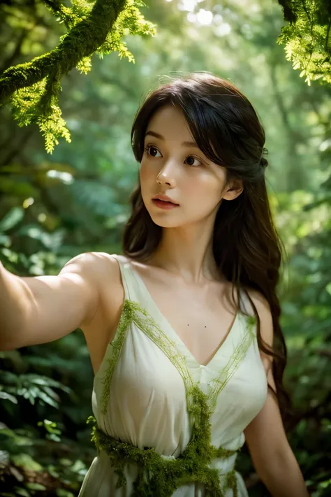 In a serene forest clearing, dappled sunlight filters through the canopy, casting gentle shadows on the forest floor. Amidst a bed of lush moss and ferns, a girl with ethereal features emerges, her hair intertwined with delicate vines and adorned with flow...