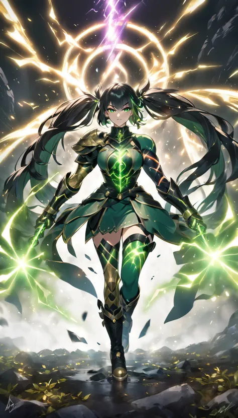 an anime style drawing of a girl  in a black and green costume with energy bolts, 1girl, twintails, black hair, electricity, gre...