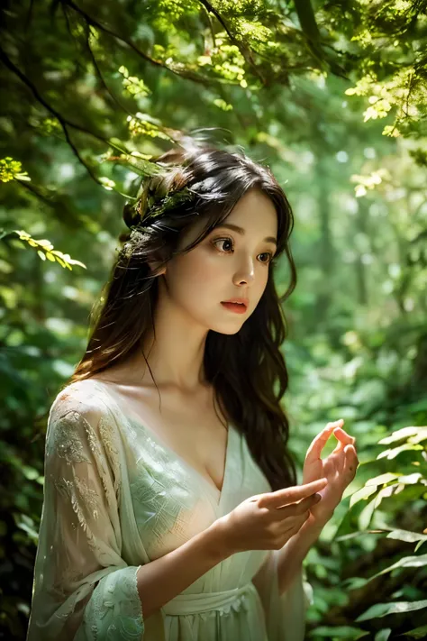 In a serene forest clearing, dappled sunlight filters through the canopy, casting gentle shadows on the forest floor. Amidst a bed of lush moss and ferns, a girl with ethereal features emerges, her hair intertwined with delicate vines and adorned with flow...