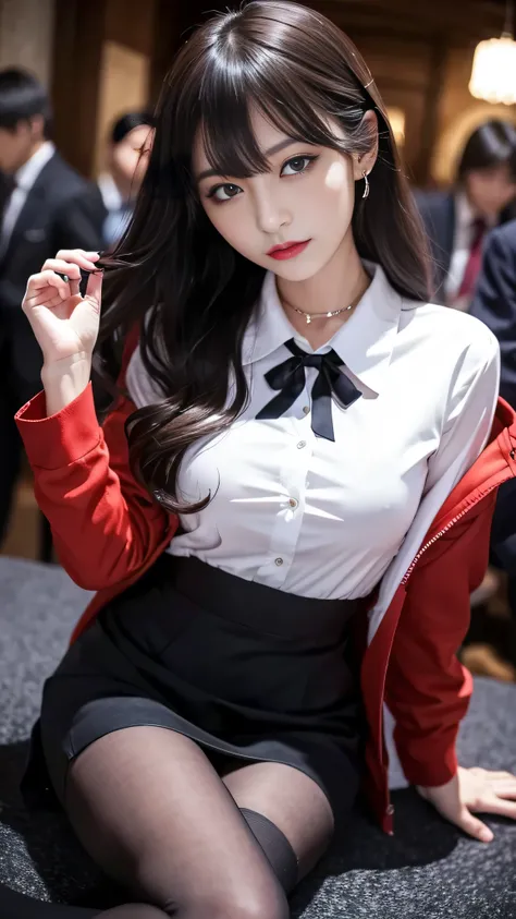 ltra-detailed、Japanese、attractive beauty、seductive adult woman、pretty woman、piercing eyes、cool girl、wavy hair、swept bangs、Female student、suit、Jacket、shirt、ribbon、blouse、Tight Skirt、pantyhose、beautiful feet、Evil cadres、evil depravity、brainwash、mind control、...