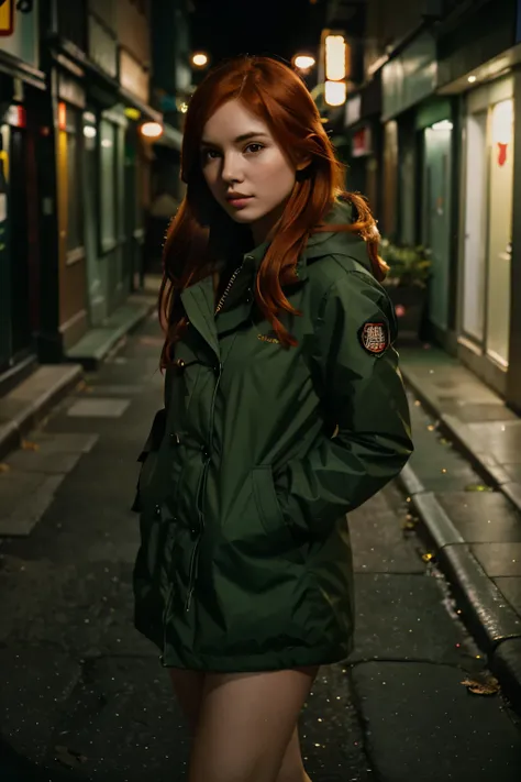 A photo of a busty red haired girl, wearing green parka, walking through a lonely street at night, hyper realistic photo, picture taken with canon eos 3 and kodak gold 400