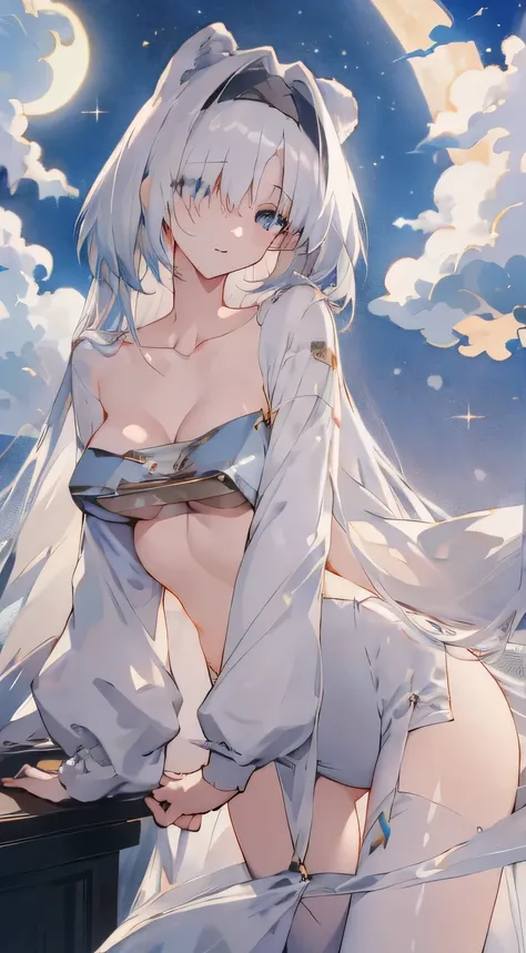 Leakage out of the collarbone，Neck leakage，Pose for a photo，Bigboobs，upper legs，long whitr hair，Transparent sex clothing，Decorative panels， starrysky， natta， exteriors， Clouds， Eau， Sumeru， Clouds， themoon，