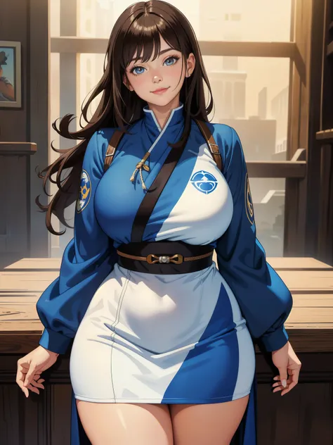 ((plus size)), smile, masterpiece, closed mouth, absurdes , highres, ultra detailed, ((cowboy shot)), detailed face, detailed eyes, detailed skin, (1girl:1.3), brown hair, ninja