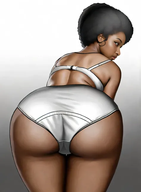 ((masterpiece, best quality)), ((33 year old)), (((Curvy))), ((Black woman with large afro)), in ((white fullback cotton panties)), white bra, ((Large hips)), bending over, (((photo realistic)))