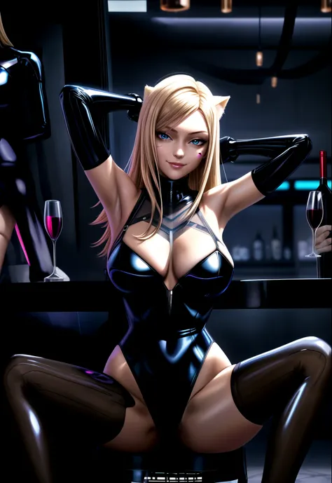 arafed woman in latex posing in a bar with a glass of wine, oppai cyberpunk, wearing black latex outfit, perfect android girl, blonde goddess, black latex suit, seductive anime girl, integrated synthetic android, intricate latex set, cyberpunk glossy latex...