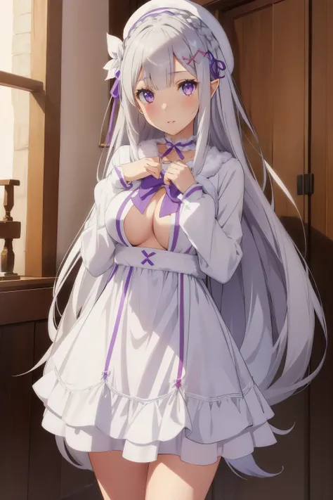 ç±èèé,1girl,emilia (re:zero),pointy ears,grey hair,white hair,very long hair,blunt bangs,purple eyes,crown braid,sidelocks,x hair ornament,hair flower,purple ribbon,very long hair,å®‰å¨œå¡”è¥¿äºšÂ·å ˆè¾› indoors,standing,
white plush hat,pink bow,white ch...