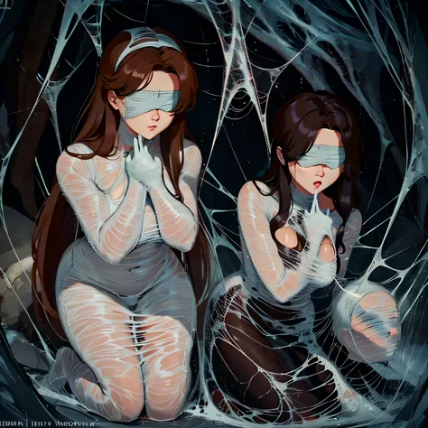 1girl,Spider weaves a net on a girl, very realistic, very detailed,bed,stretched, dark cave, struggle in the net,brown haired, very long sheer skirt,lying down,(blindfold:1.4),spider web