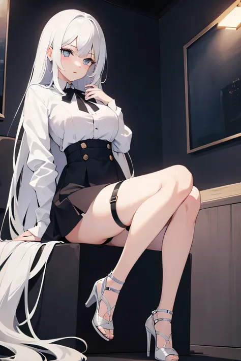 anime girl with white hair wearing high heels tied up