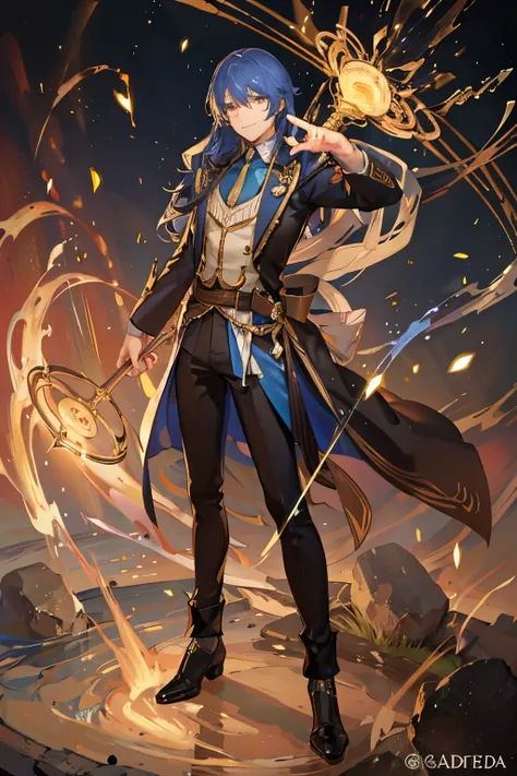 A muscular guy with a smile on his face, blue long hair, Golden eyes, magician’s clothes, a staff in his hands, with collapsing rocks in the background