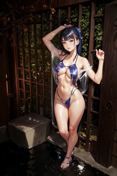 there is a woman in a bikini posing in a pool, wet swimsuit, shiny wet skin!!, metal bikini, is wearing a swimsuit, ayaka, Yoshitomo Nara, sophisticated gravure idol, shiny plastic bikini, Beast, young sensual gravure idol, full body shot in bikini, ayami