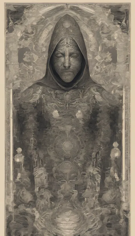 OBJECT

Observing a humanoid representation with a hooded garment. The face is an ornate, mask-like with intricate patterns, not organic in appearance. Torso depicts similar complex designs, suggesting a ceremonial or symbolic attire.

SPECULATION

Possibl...