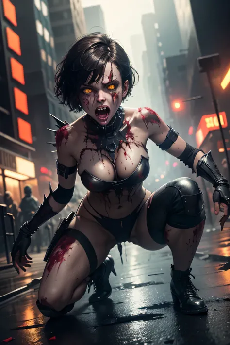 zombie woman, short brunette hair, yellow eyes, torn skin, facial wounds, ultra-detailed face, open mouth, full body, sexual-terrifying, sexual full body, terrifying screaming expression, disturbing scene, challenging the camera, background apocalyptic cit...