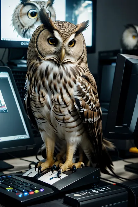 Hyper realistic owl animal in a setting with many computers and screens 