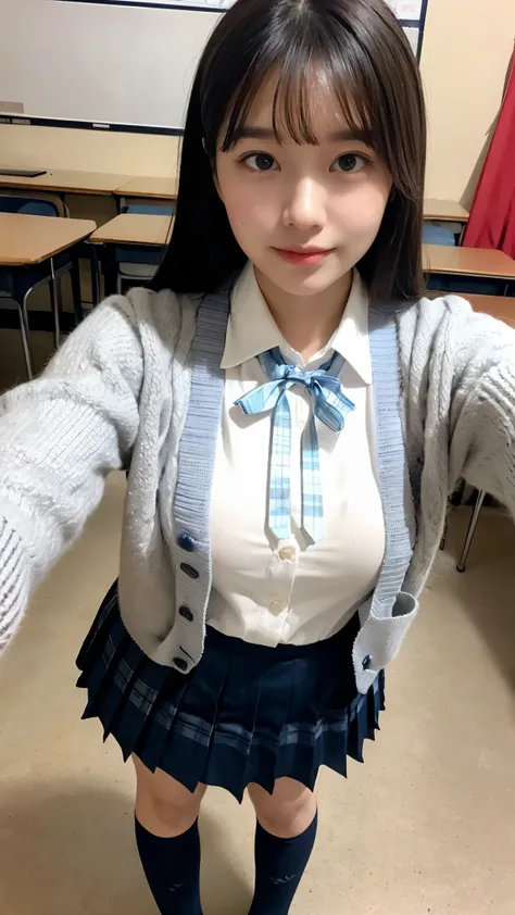 8K、High resolution、masterpiece、realistic、In detail、fine texture、high contrast、alone、high school girl、natural body shape、white skin、natural makeup、black hair、bangs、straight long hair、((high school uniform))(((navy blue cardigan、white collared blouse、red sch...