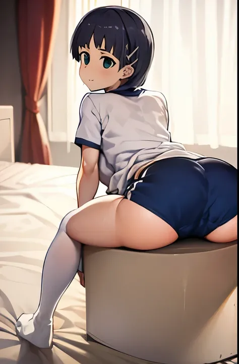 very huge  , (T-shirt and navy blue bloomers:1.5), Naoha Kirigaya(Sword Art Online), 1 girl, bob hair, black hair, hair clip, masterpiece, green eyes, highest quality, Sexy、Bedroom、dynamic angle,, full body portrait、A smile only on the lips、empty eyes、swea...